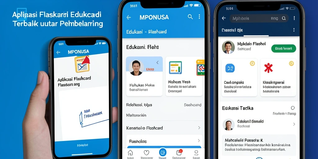 Tampilan antarmuka aplikasi MPONUSA dengan fitur Flashcard yang interaktif.